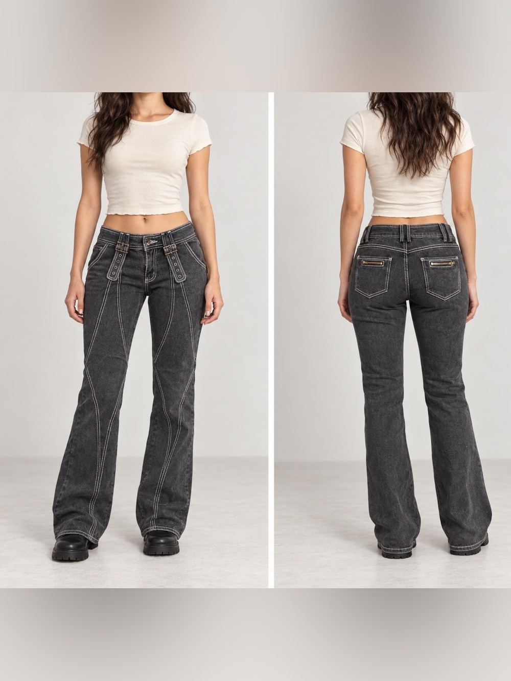 Y2K Style Charcoal Denim Buckle Pants Contrast Stitch Bootcut Zip Pockets Sz L
